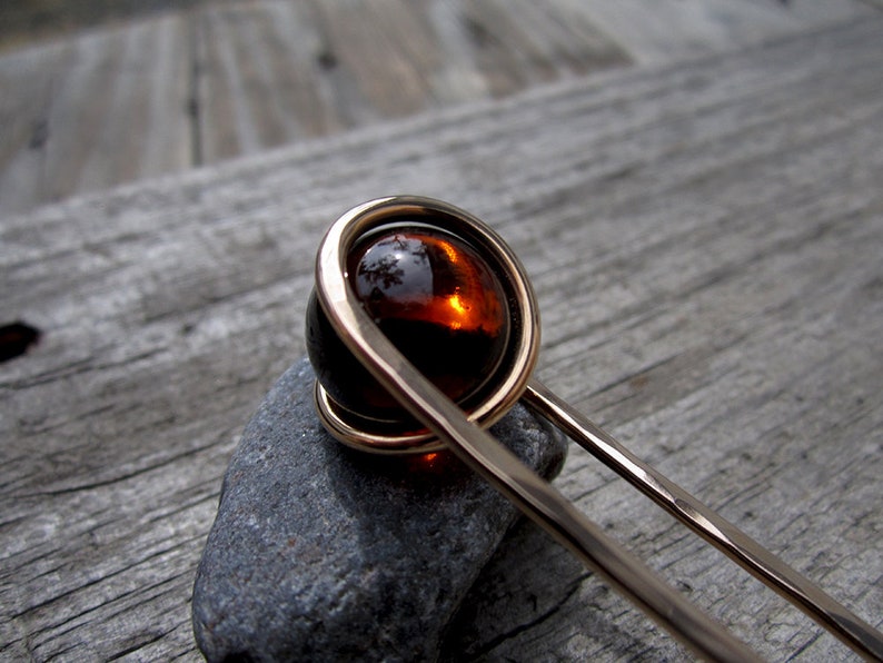 Deep Amber Hair Fork in Bronze with Glass Sphere Your choice of Length Hair Pin Haar Gabel Long Hair Accessory image 7