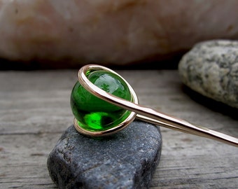 Green Hair Fork in Bronze with Glass Sphere- Your choice of Length - Hair Pin - Haar Gabel - Long Hair Accessory