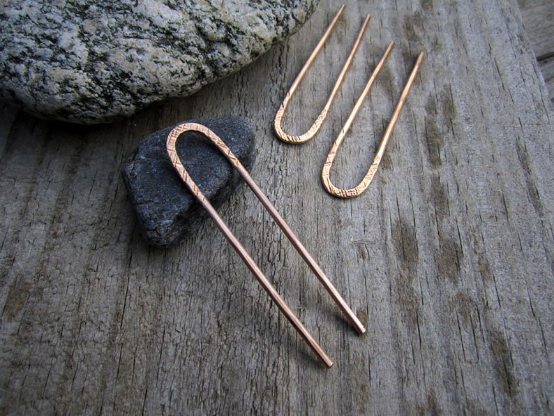 Striations Mini Bronze Hair Fork, Bun Pin, Textured Satin Finish Hair Pin, U Pin, French Hair Pin, Long Hair Accessory image 4