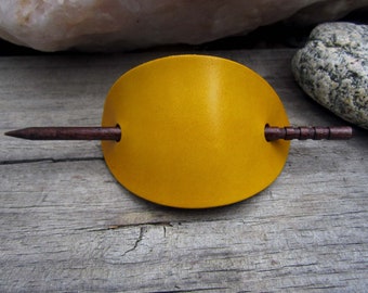 Golden Yellow Hand Dyed Leather Barrette with Wooden Stick - Leather Hair Clip Barrette
