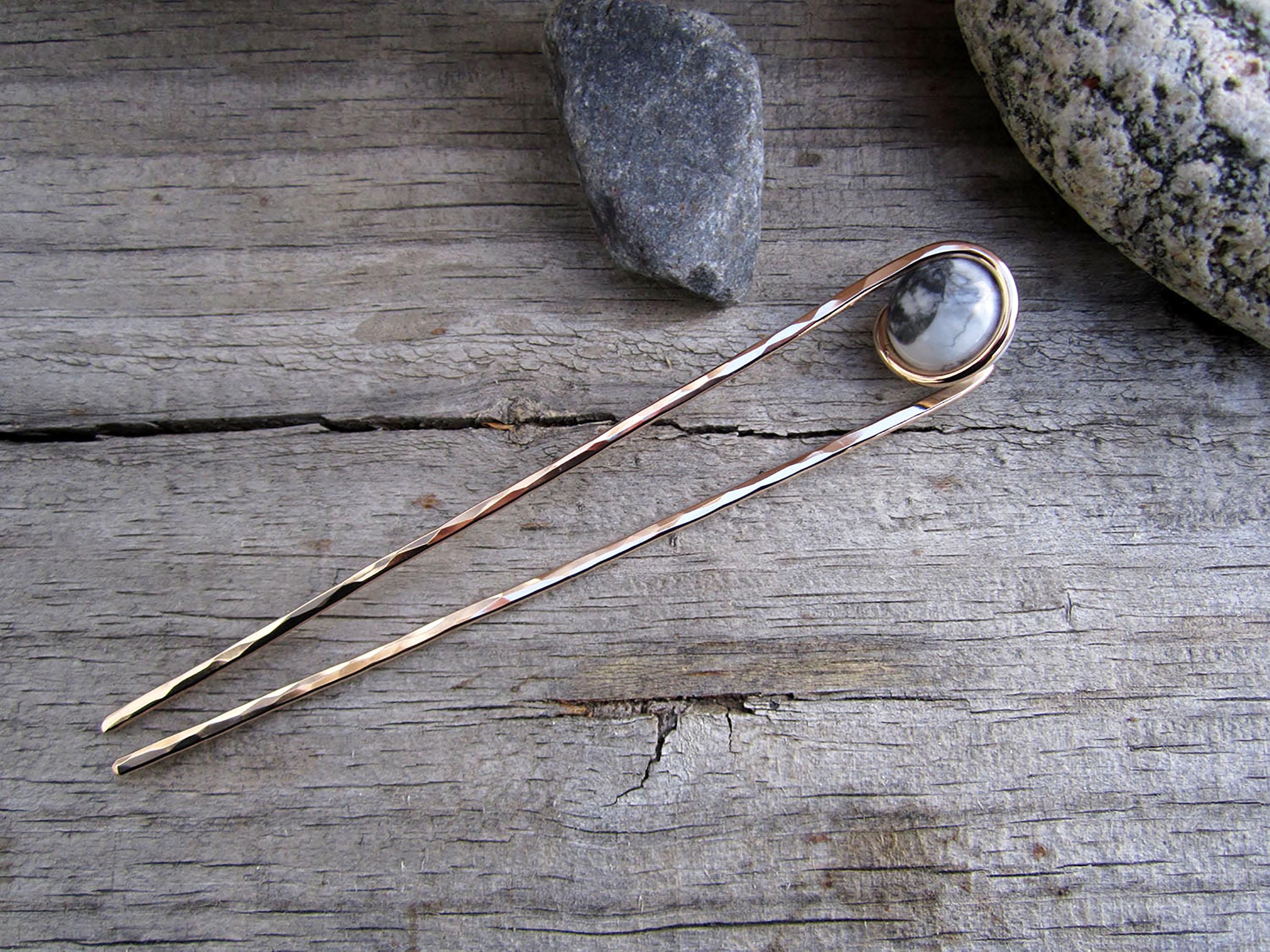 Howlite Hair Fork in Bronze With Natural Stone Sphere - Your  display picture 1