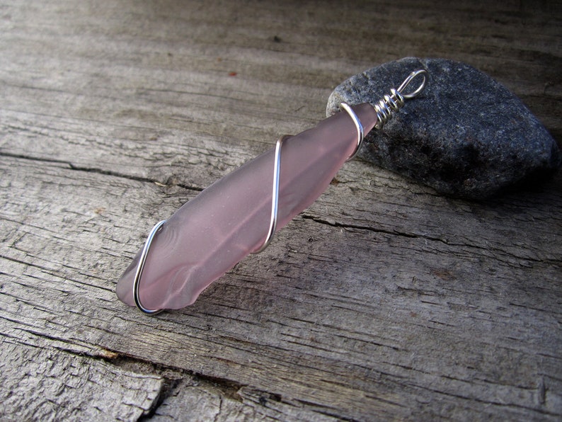 Sterling Silver Wrapped 2 Light Purple Beach Glass Pendant
