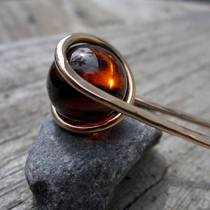 Deep Amber Hair Fork in Bronze with Glass Sphere- Your choice of Length - Hair Pin - Haar Gabel - Long Hair Accessory