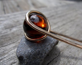 Deep Amber Hair Fork in Bronze with Glass Sphere- Your choice of Length - Hair Pin - Haar Gabel - Long Hair Accessory