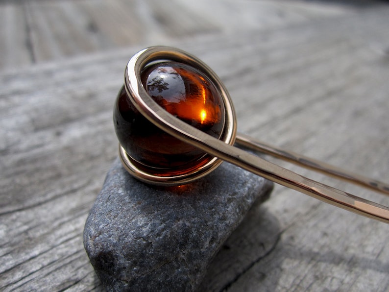 Deep Amber Hair Fork in Bronze with Glass Sphere Your choice of Length Hair Pin Haar Gabel Long Hair Accessory image 1