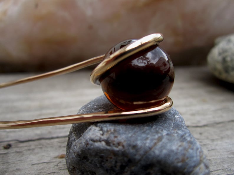 Deep Amber Hair Fork in Bronze with Glass Sphere Your choice of Length Hair Pin Haar Gabel Long Hair Accessory image 4