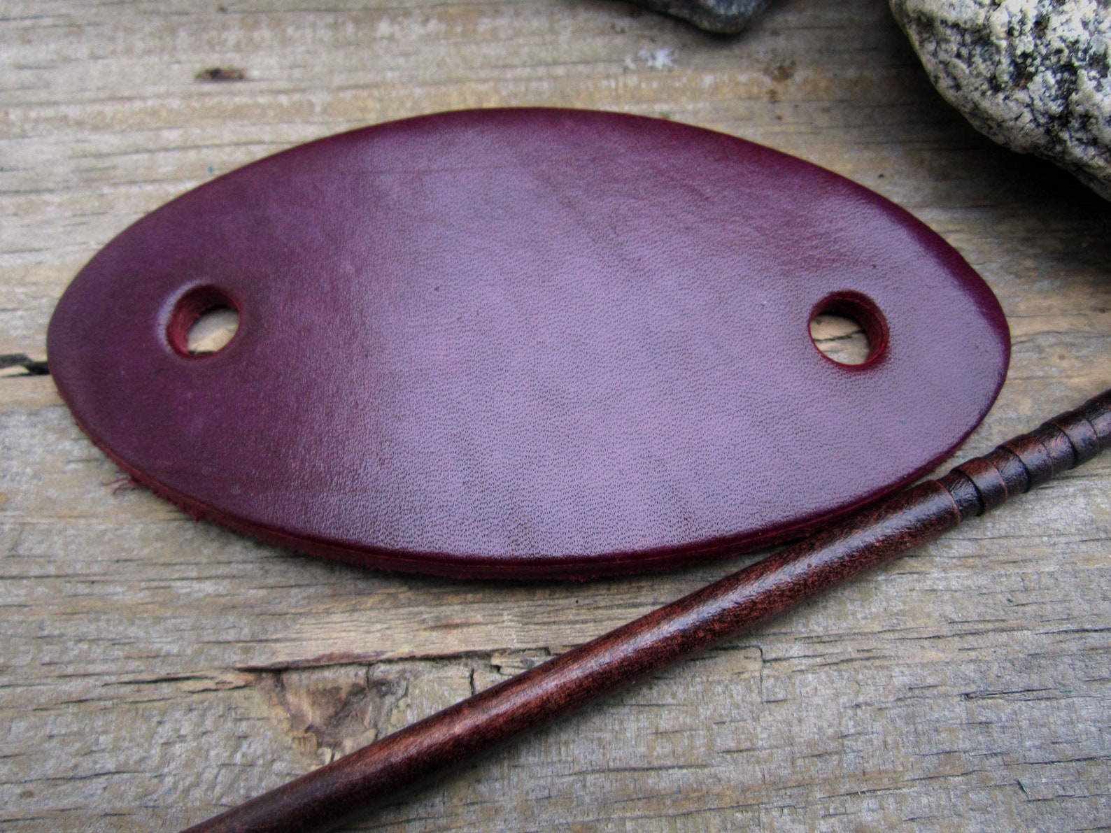 Burgundy Hand Dyed Leather Barrette With Wooden Stick Etsy