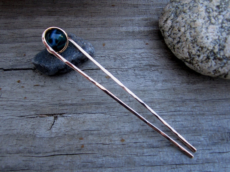 Milky Teal Hair Fork in Bronze with Glass Sphere Your choice of Length Hair Pin Haar Gabel Long Hair Accessory image 3