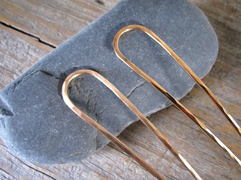 Minimalist Bronze Hair Fork Your Choice of Length Hammered French U Pin Long Hair Accessory Metal Hair Fork image 7