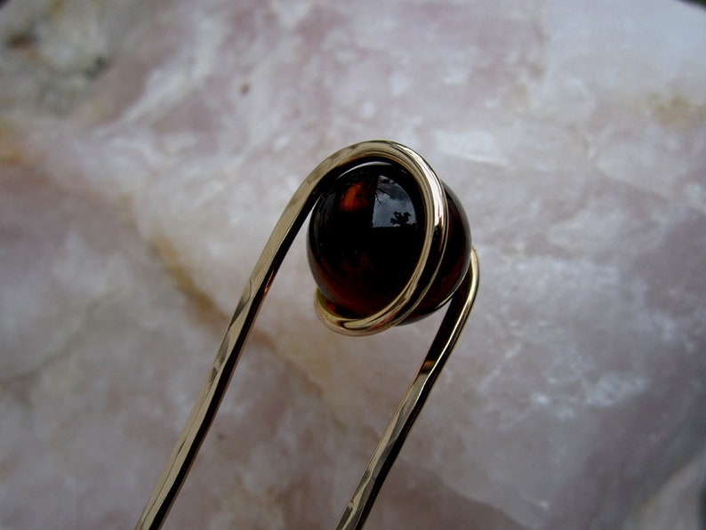 Deep Amber Hair Fork in Bronze with Glass Sphere Your choice of Length Hair Pin Haar Gabel Long Hair Accessory image 5