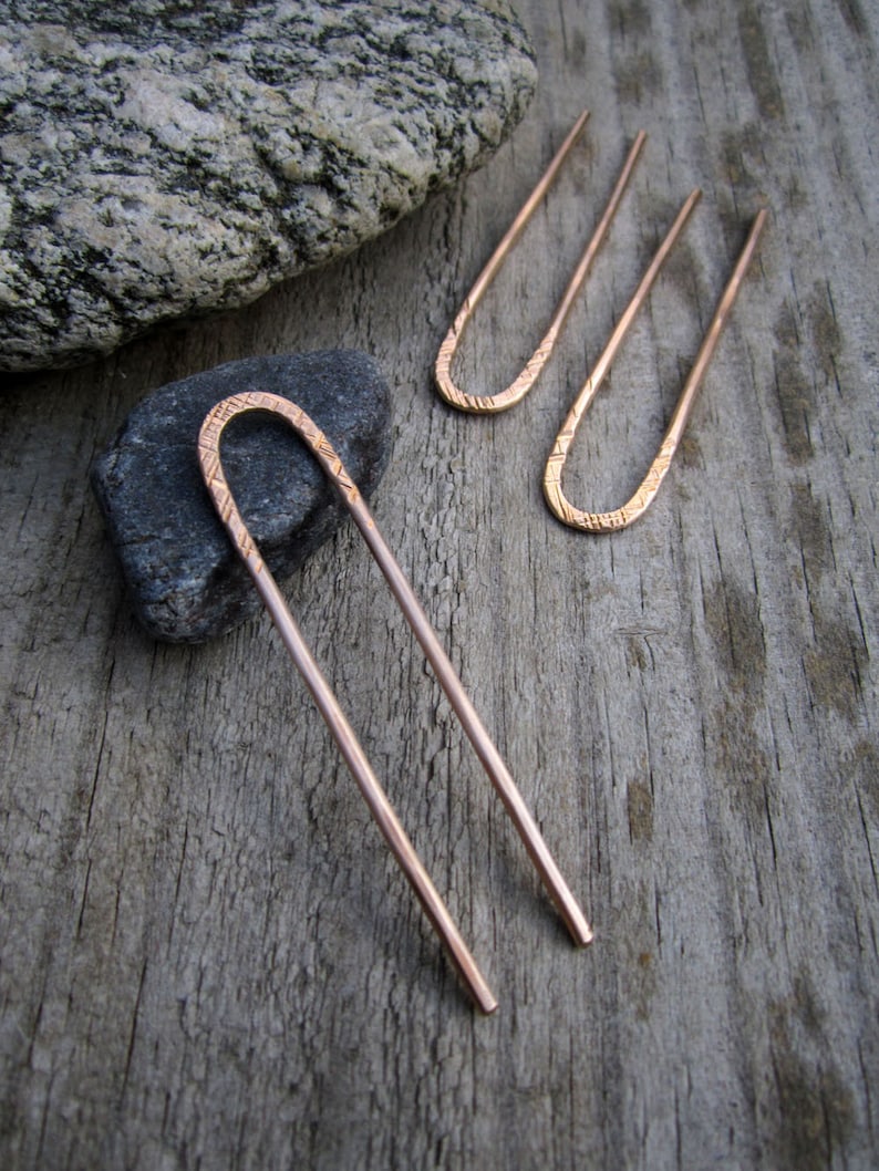 Striations Mini Bronze Hair Fork, Bun Pin, Textured Satin Finish Hair Pin, U Pin, French Hair Pin, Long Hair Accessory image 3