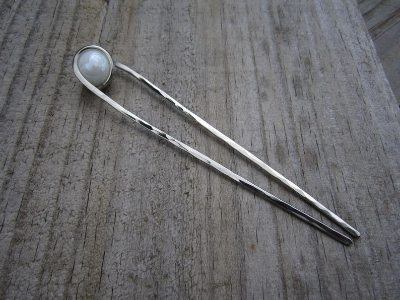 Pearl White Nickel Silver Hair Fork Your choice of Length Hair Pin Haar Gabel Long Hair Accessory Metal Hair Fork image 3