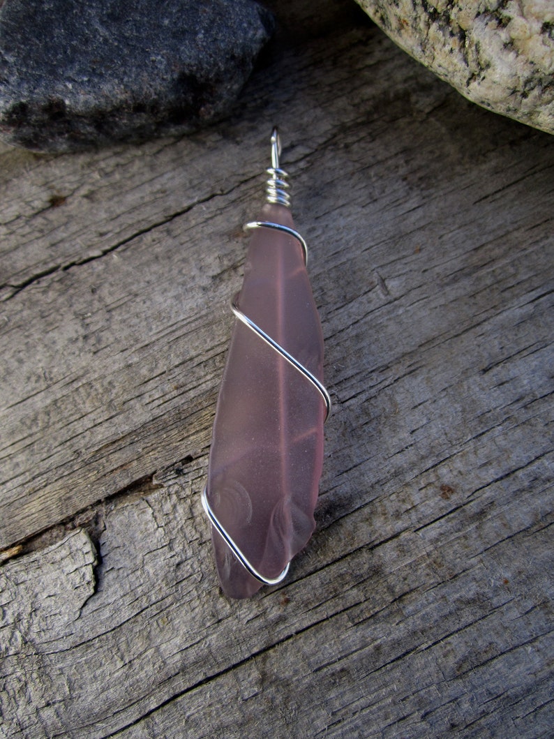 Sterling Silver Wrapped 2 Light Purple Beach Glass Pendant