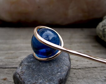 Blue Hair Fork in Bronze with Glass Sphere- Your choice of Length - Hair Pin - Haar Gabel - Long Hair Accessory