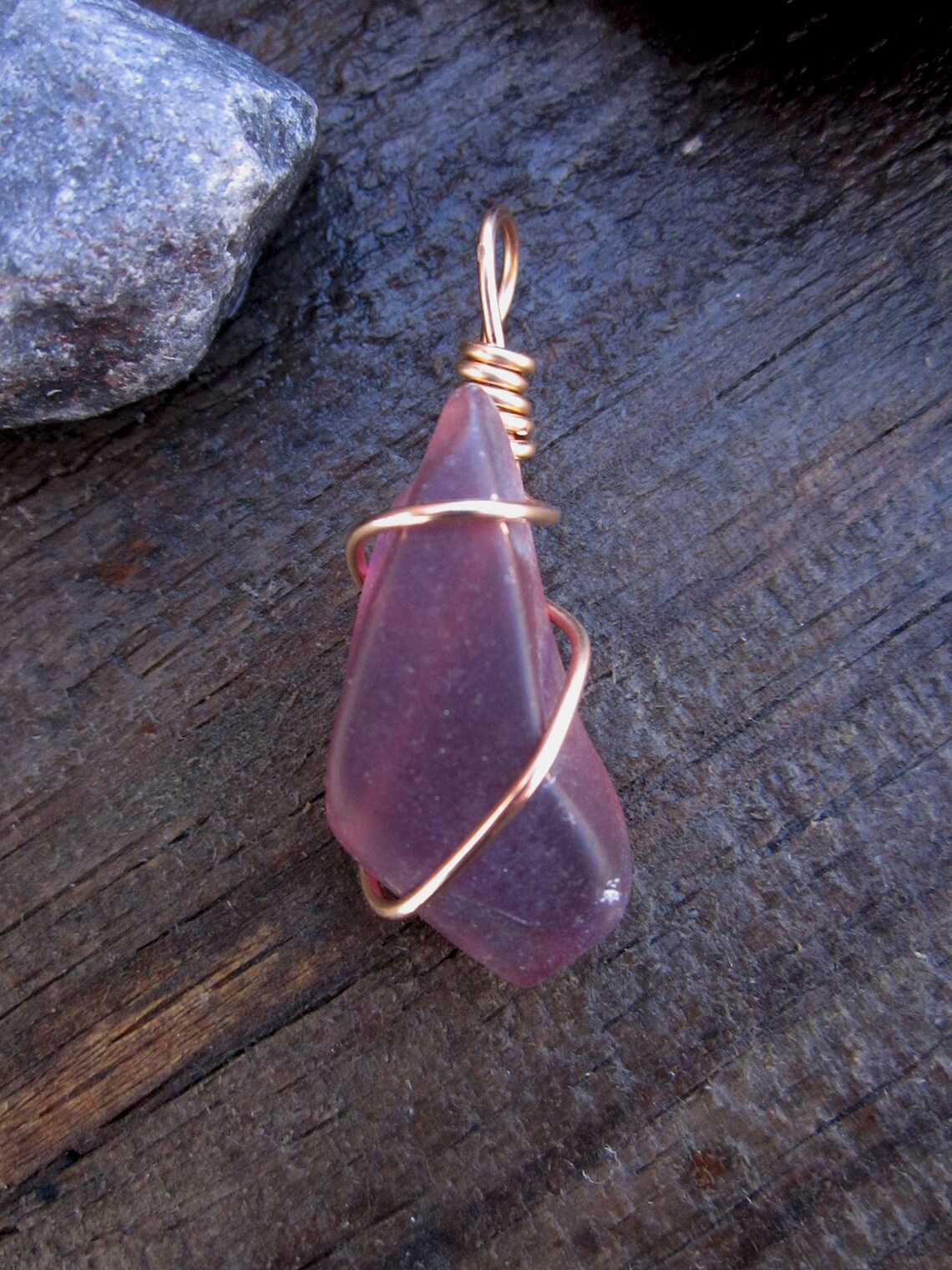 Bronze Wrapped Purple Beach Glass Pendant Etsy