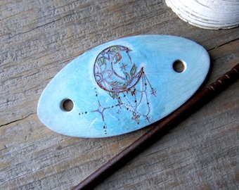 Celestial Moon Hand Burned Pyrography Leather Barrette with Wooden Stick - Painted Leather Hair Barrette - Mystical Shabby Cottage core