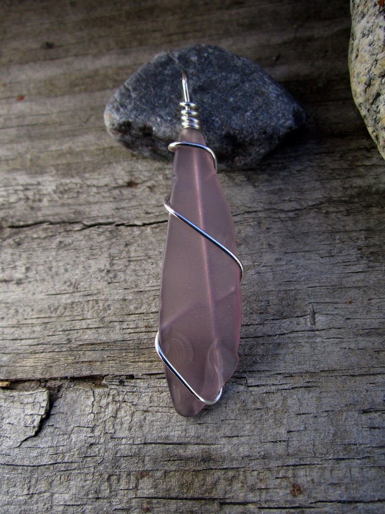 Sterling Silver Wrapped 2 Light Purple Beach Glass Pendant
