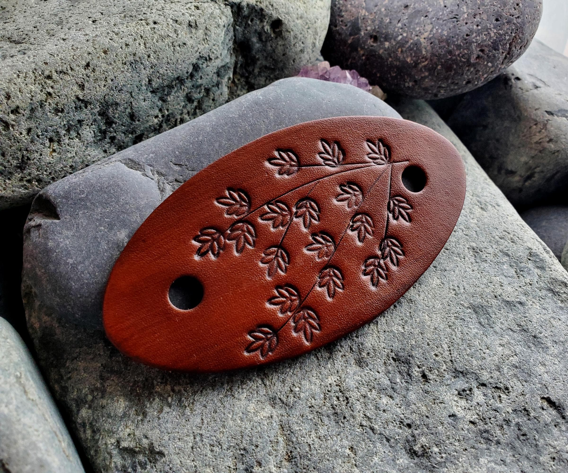 Tree Hand Tooled Leather Barrette with Wooden Stick - Leather Hair Barrette