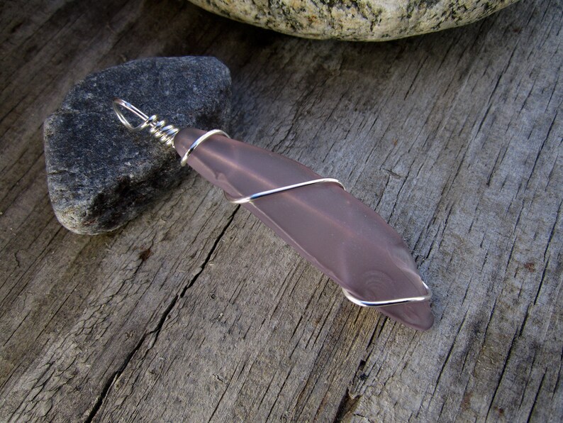 Sterling Silver Wrapped 2 Light Purple Beach Glass Pendant