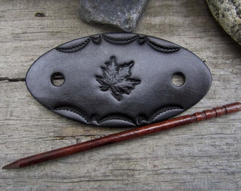 Black Leather Maple Leaf Barrette with Wooden Stick - Hand Tooled Leather Hair Clip Slide