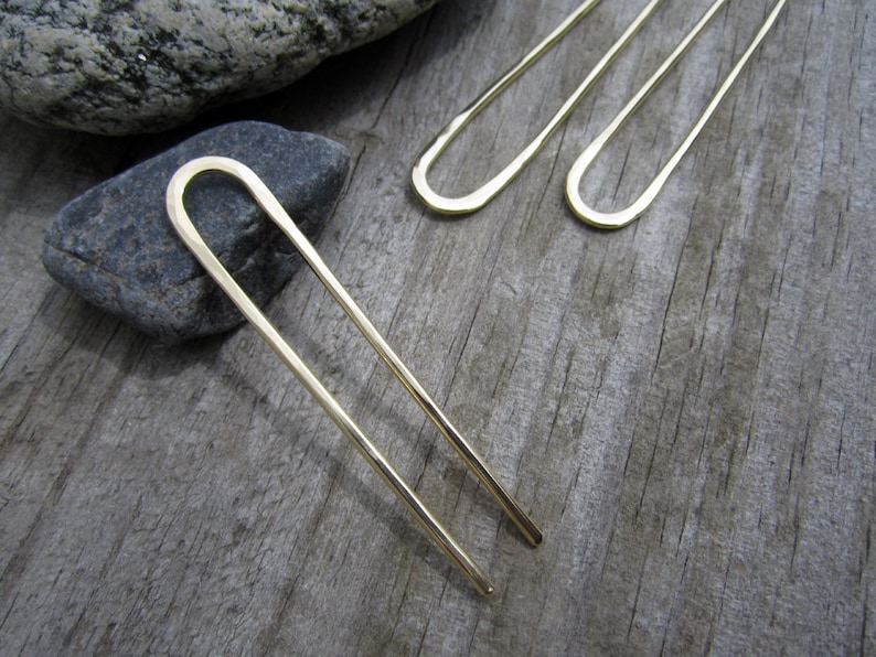 Small Hammered Hair Fork in Brass Bun Pin Minimalist Brass Hair Pin Recycled Brass U Pin French Hair Pin image 1