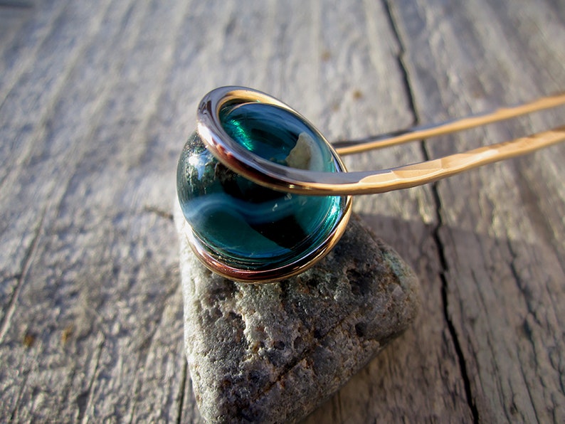 Milky Teal Hair Fork in Bronze with Glass Sphere Your choice of Length Hair Pin Haar Gabel Long Hair Accessory image 6