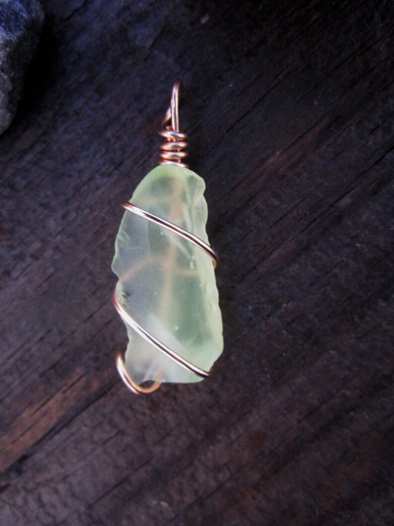 Bronze Wrapped Light Green Beach Glass Pendant 2