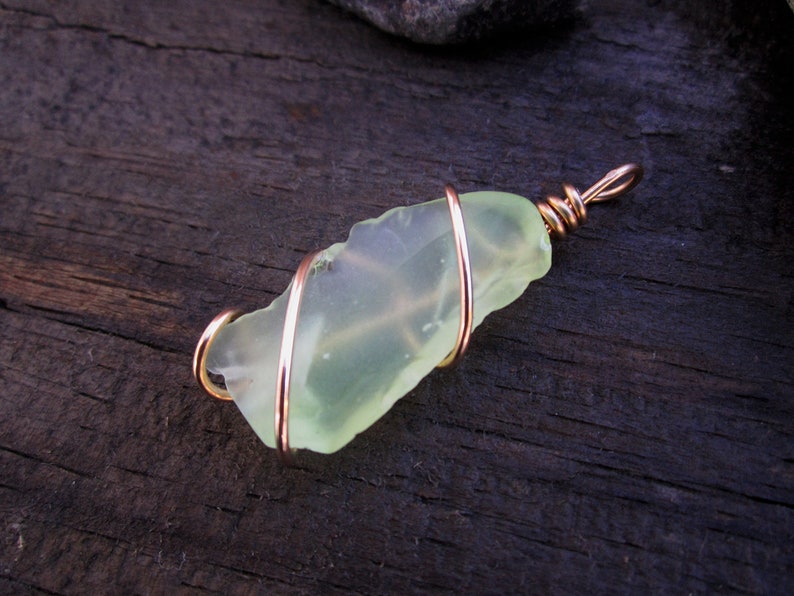 Bronze Wrapped Light Green Beach Glass Pendant 2