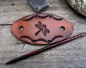 Leather Barrette with Hand Tooled Dragonfly and Wooden Stick - Leather Hair Barrette