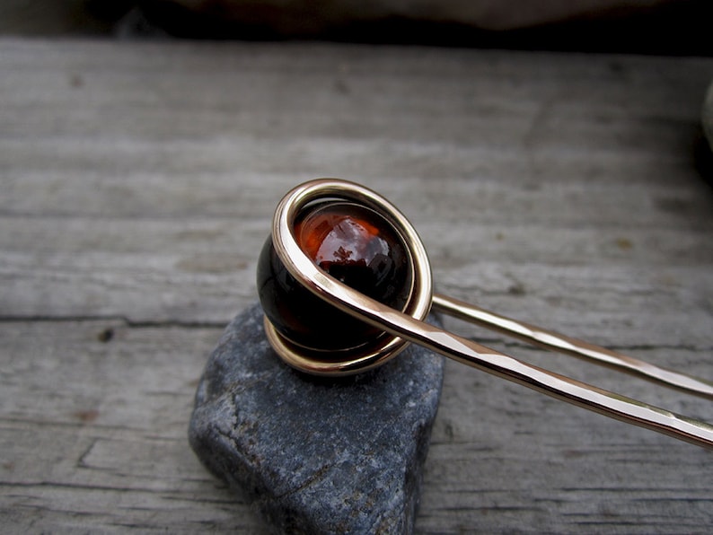 Deep Amber Hair Fork in Bronze with Glass Sphere Your choice of Length Hair Pin Haar Gabel Long Hair Accessory image 2