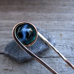 Milky Teal Hair Fork in Bronze with Glass Sphere Your choice of Length Hair Pin Haar Gabel Long Hair Accessory image 4