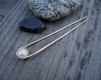 Pearl White Hair Fork in Bronze - Your choice of Length - Hair Pin - Haar Gabel - Long Hair Accessory
