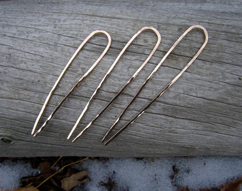 Minimalist Bronze Hair Fork Your Choice of Length Hammered French U Pin Long Hair Accessory Metal Hair Fork image 5