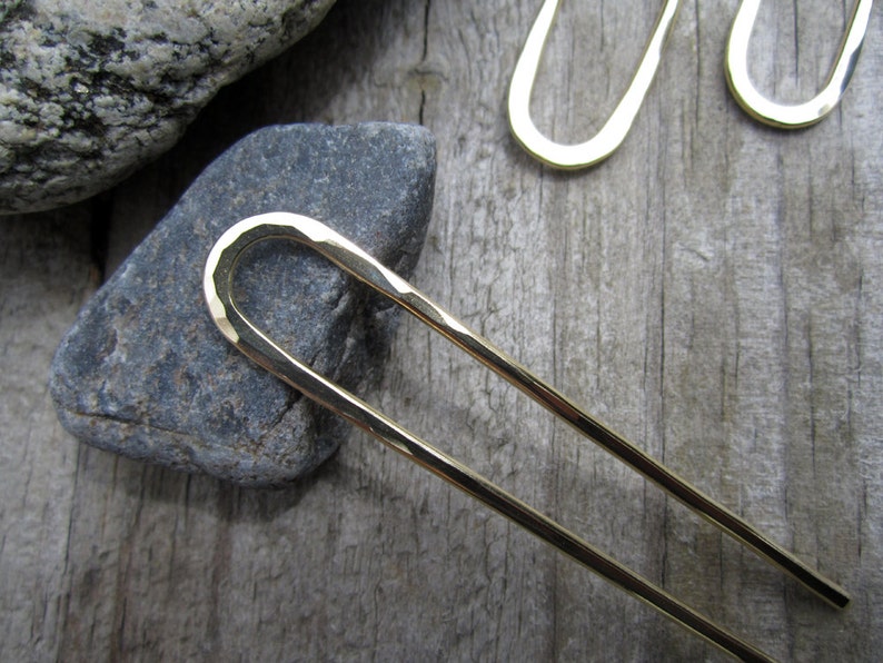 Small Hammered Hair Fork in Brass Bun Pin Minimalist Brass Hair Pin Recycled Brass U Pin French Hair Pin image 3