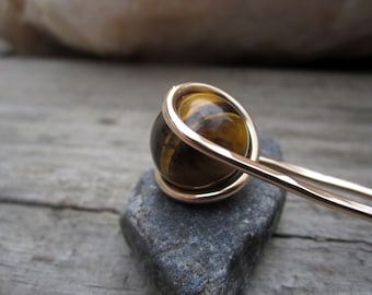 Natural Tiger Eye Hair Fork in Bronze - Your Choice of Length - Hair Pin - Semi Precious Stone - Long Hair Accessory - Metal Hair Fork