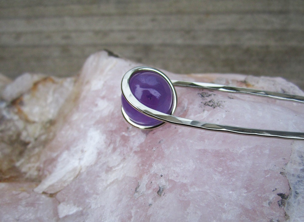 Natural Amethyst Hair Fork in Nickel Silver - Your Choice of Length -…