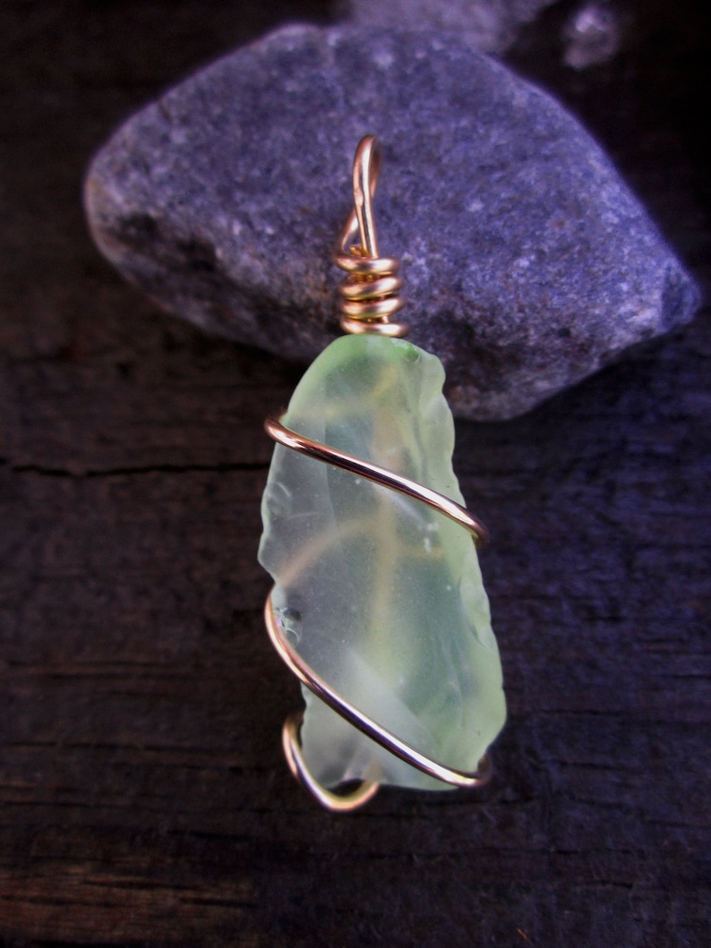 Bronze Wrapped Light Green Beach Glass Pendant 2