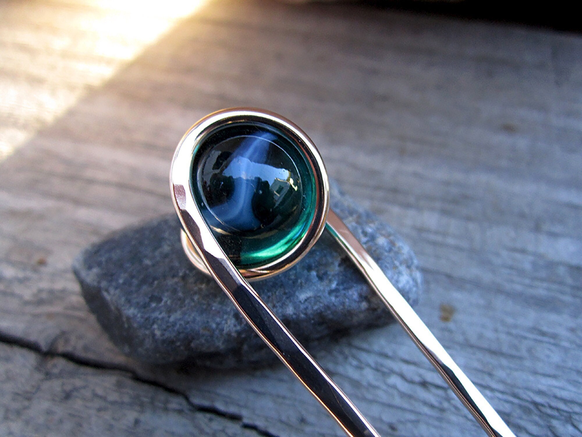 Milky Teal Hair Fork in Bronze with Glass Sphere- Your choice of Length - Hair Pin - Haar Gabel - Long Hair Accessory