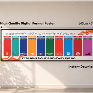 May include: A rectangular digital poster measuring 145cm x 50cm featuring Formula 1 team logos and colors arranged in vertical columns. The top displays various race track outlines, and the bottom text reads, IT'S LIGHTS OUT AND AWAY WE GO.