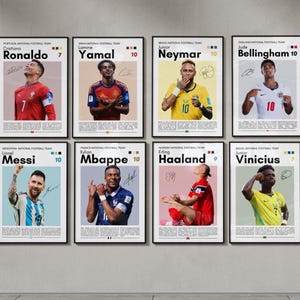 May include: A set of eight framed posters featuring professional football players including Ronaldo, Yamal, Neymar, Bellingham, Messi, Mbappé, Haaland, and Vinicius. Each poster displays the player's name, team, jersey number, and a printed signature.