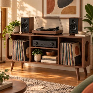 May include: A dark wood media console with tapered legs and oval side cutouts. The top holds a turntable and two speakers. The interior shelves contain two rows of vinyl records, a black audio receiver, a small potted plant, and a wooden bowl.
