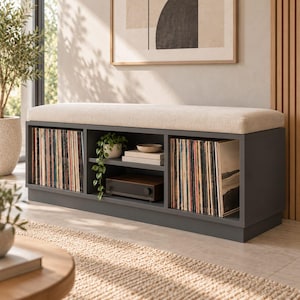 May include: A charcoal gray storage bench featuring a beige upholstered seat cushion. The base includes two side compartments filled with vinyl records and a central section with two shelves holding a small potted plant, books, and an audio device.