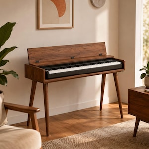 Könnte beinhalten: Ein Digitalpiano mit dunkelbrauner Holzmaserung und einer Tastatur mit schwarzen und weißen Tasten. Das Instrument steht auf vier konisch zulaufenden Holzbeinen und verfügt über einen Klappdeckel, der sich nach oben öffnen lässt.