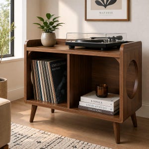 May include: A dark wood record player stand with two open storage compartments, four tapered legs, and circular side cutouts. The top holds a black turntable and a potted plant, while the interior shelves contain vinyl records and books.