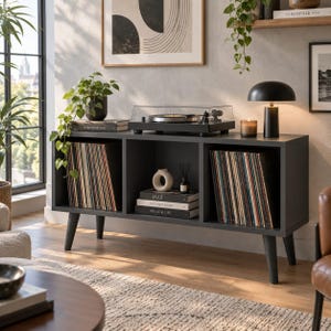 May include: A charcoal gray media console with four tapered legs, featuring three open storage compartments. The two outer sections are filled with vinyl records, while the center holds a stack of books titled Jazz, The Vinyl Book, and Music & Life.