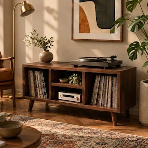 May include: A rectangular dark wood media console with four tapered legs, featuring two open side compartments filled with vinyl records, a central shelf holding a small plant and bowl, and a lower shelf containing a silver audio receiver.