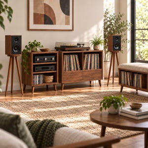 Könnte beinhalten: Ein hölzernes Medienmöbel und ein passender Seitenschrank mit offenen Regalen für Schallplatten und Audiogeräte. Zwei hölzerne Stativ-Lautsprecherständer tragen schwarze Lautsprecher. Das Set umfasst einen Plattenspieler und eine niedrige Bank.
