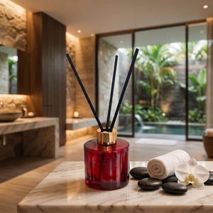 May include: A cylindrical red glass reed diffuser bottle with a gold-toned collar and three black reeds inserted into the top. The diffuser is positioned next to a rolled white towel, several smooth black river stones, and a white orchid flower.