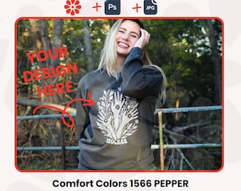 Comfort Colors 1566 Pepper Sweatshirt Mockup, Outdoor Lifestyle (Mockee, PSD, JPG)