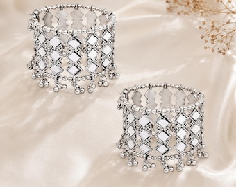 Silver Plated Tribal Mirror Work Kada Bangle Pair Dangling Bells | Oxidized Boho Cuff Bracelet Set